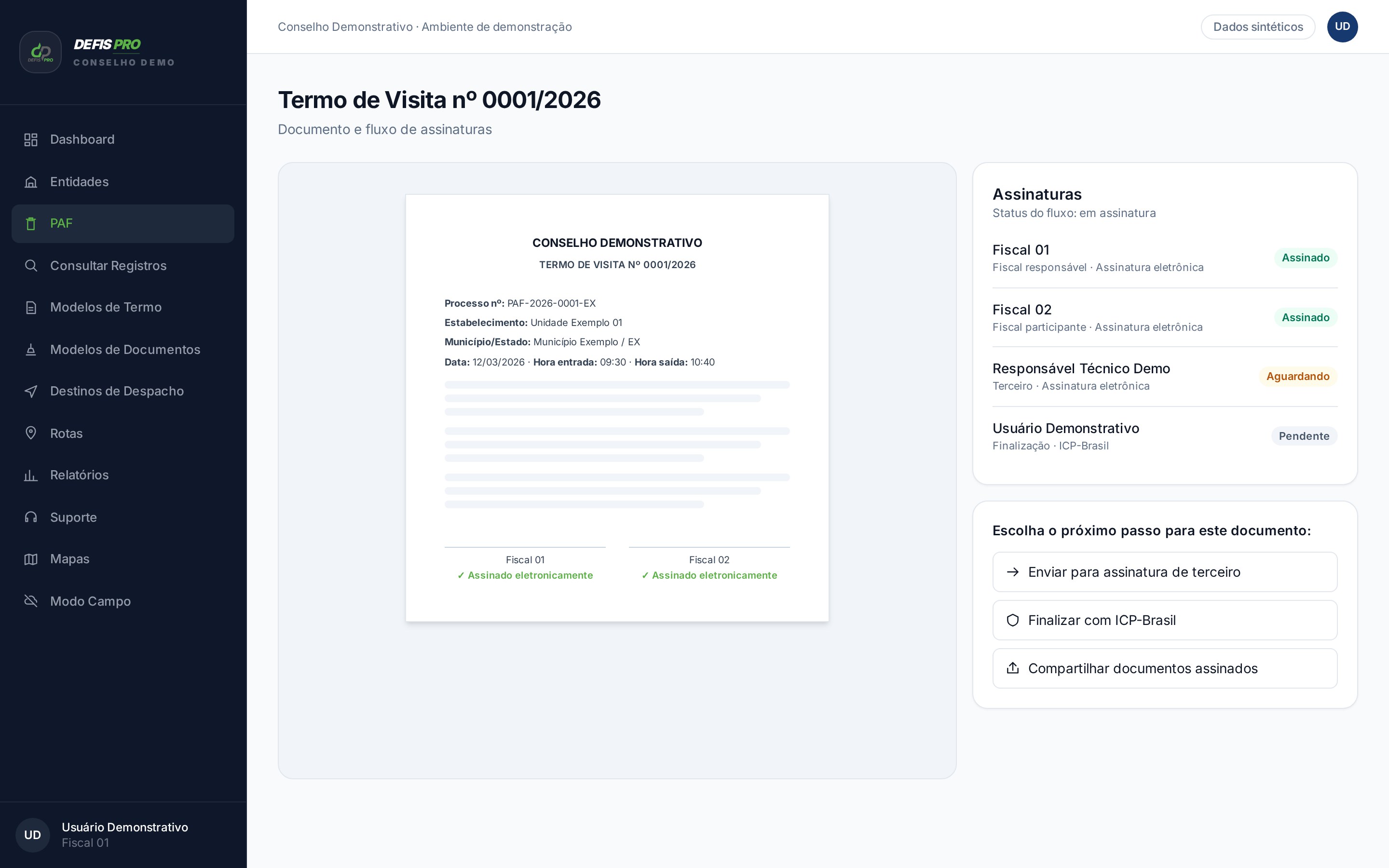 DEFIS PRO — Documentos e assinaturas (Interface demonstrativa baseada no DEFIS PRO · dados sintéticos)