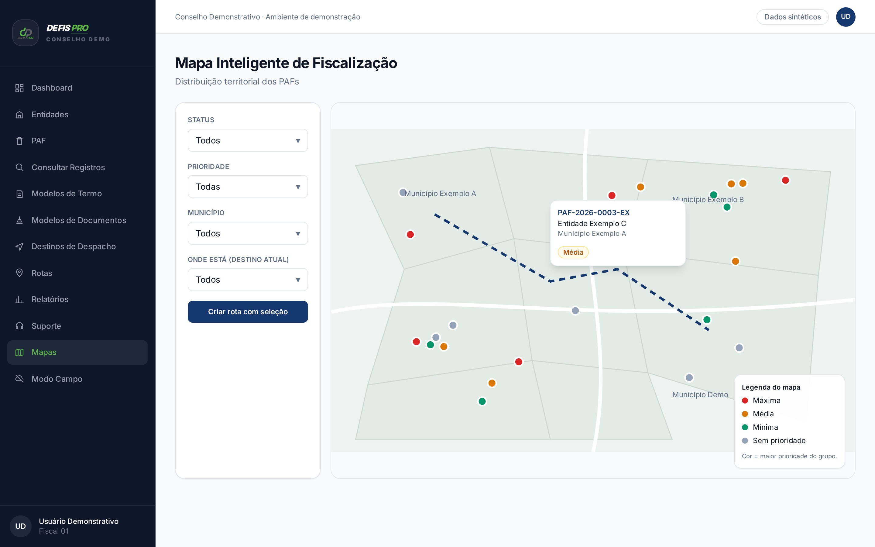 DEFIS PRO — Mapas e rotas (Interface demonstrativa baseada no DEFIS PRO · dados sintéticos)
